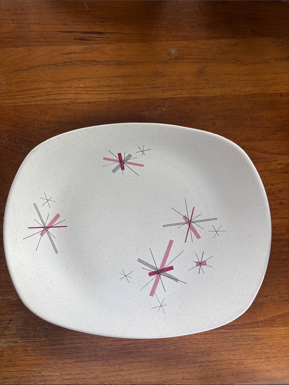 Vintage MCM Salem Free Form Hop Scotch Pink Atomic Burst concave serving platter